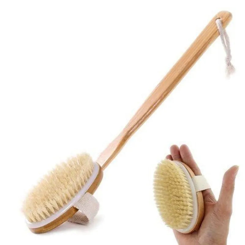 Bath loofah with long wooden stand