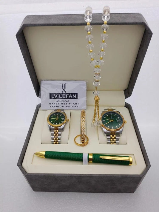 Men's Stainless Steel Set: Watch, Rosary, Pen & Cufflinks"